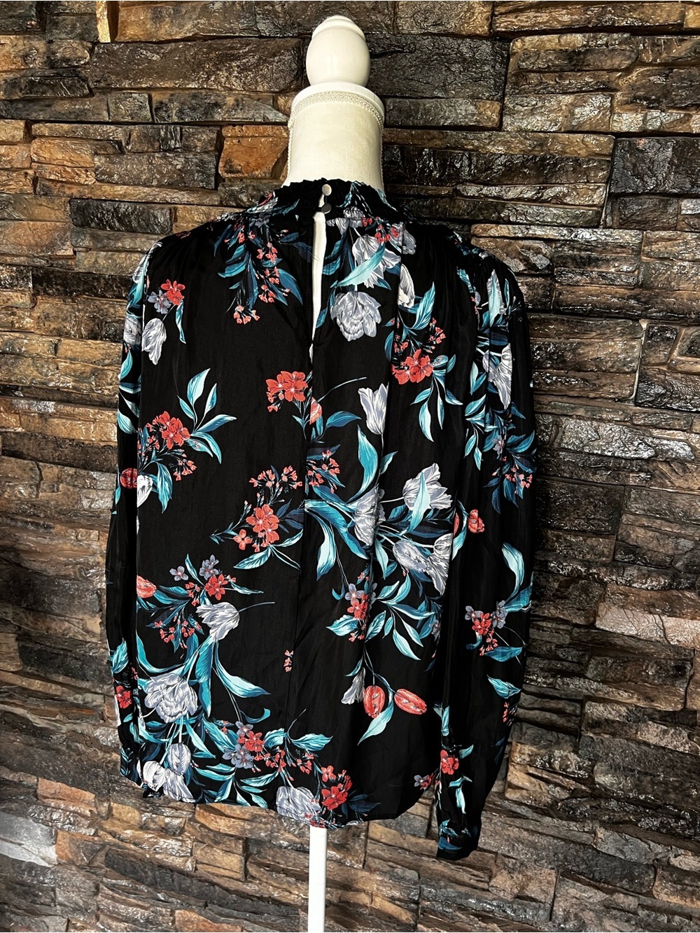 Tinsel Black Floral Blouse with Teal and Coral Accents - Picture 3 of 9